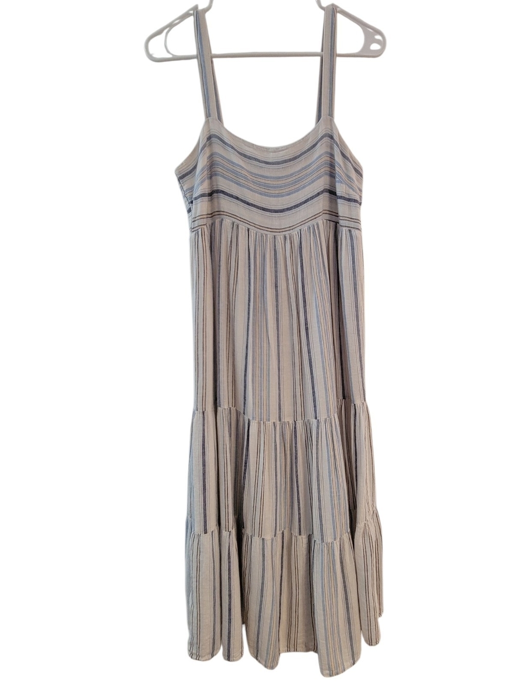 Rails Montauk Stripe Blue and Cream Tiered Linen Mix Midi Sundress
